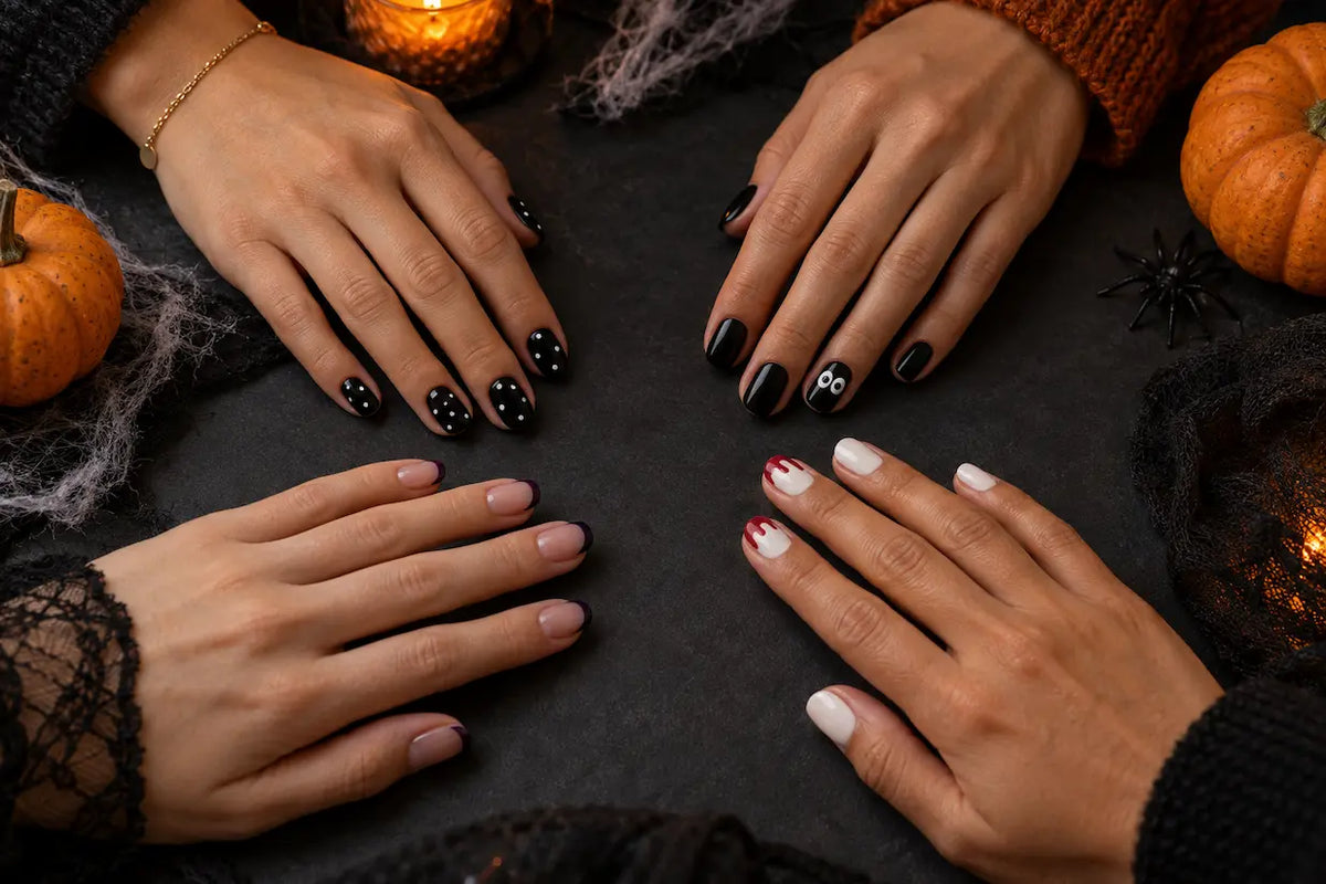 Decoraciones de uñas para Halloween con puntos, ojos, puntas oscuras y manchas de esmalte rojo