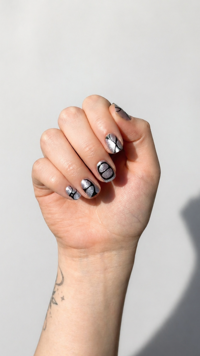 Manicure plateada y negra con esmaltes Peel Off ELIZZEÈ